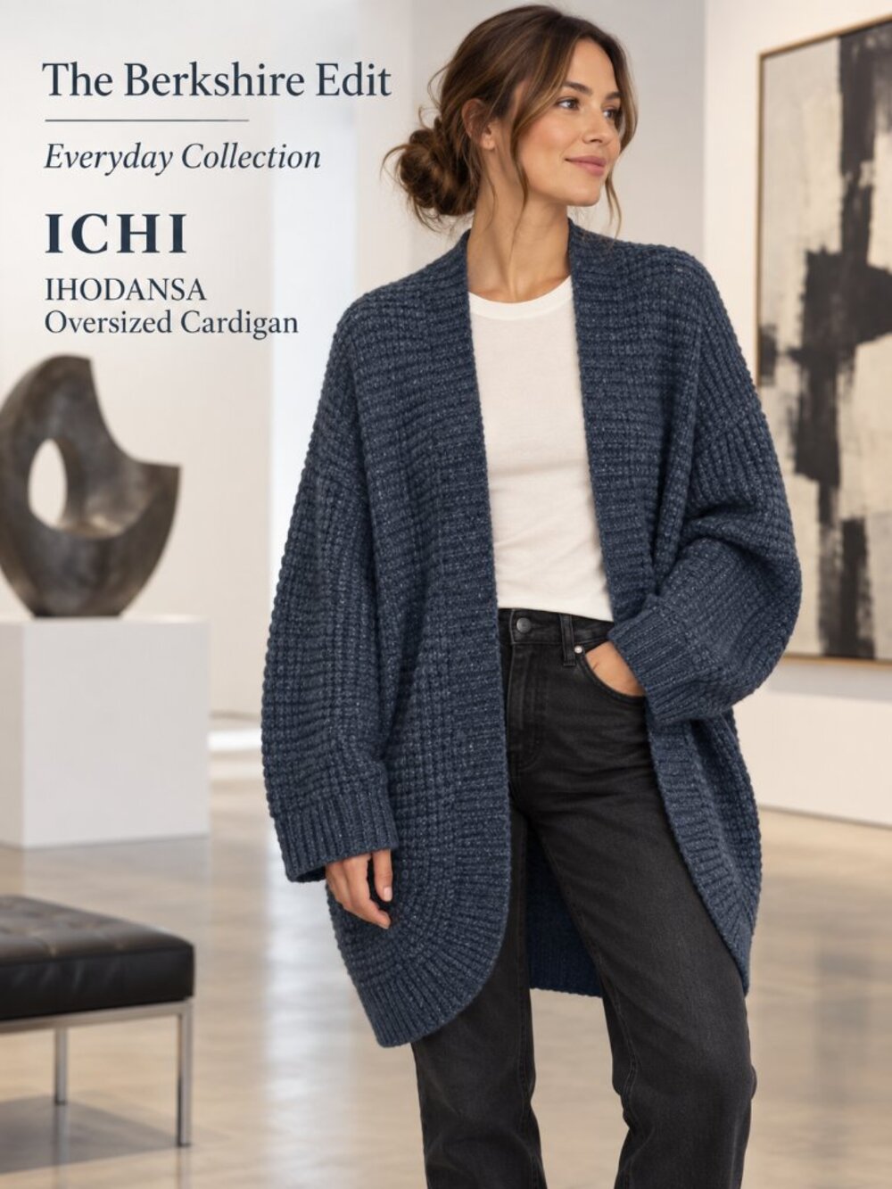 ICHI IHODANSA Blue Oversized Longline Open Cardigan Scandi Knit L